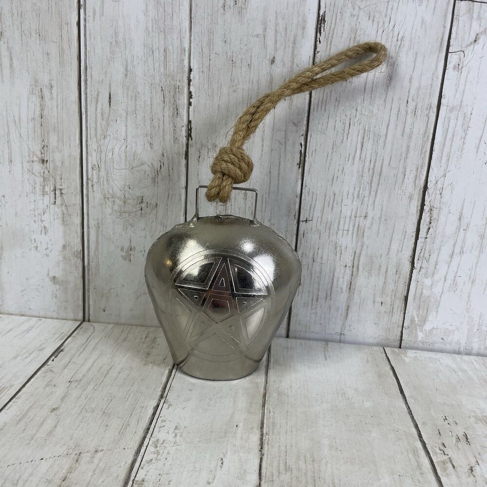 Pentagram Handcrafted Cow Bell With Rope Handle Witchy Protective